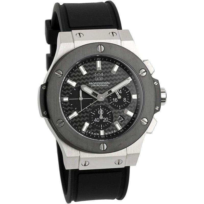 ヒャクイチ 101 腕時計 ウォッチ 100m防水 クロノグラフ 日付表示 ラバーベルト ブラック×シルバー カーボン メンズ 