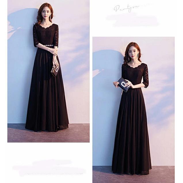 ロングドレス 袖付き 結婚式ワンピース 演奏会用ドレス Aライン