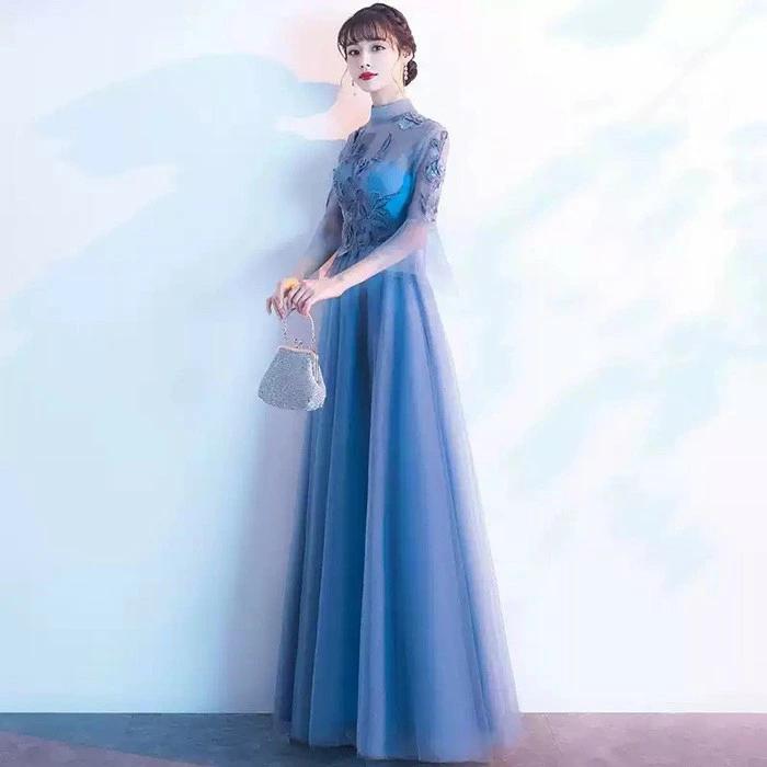 パーティードレス ロング丈 袖あり 発表会 成人式 結婚式 レディース ワンピース 花嫁 レースドレス 二次会 フォーマルドレス 大人 ピアノ発表会 舞踏会 演奏会の画像