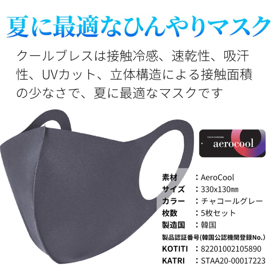 接触冷感クールマスク[クールブレス]抗菌/防臭/UVカット/速乾/低刺激/男女兼用/洗濯可能/3D立体マスク/aerocool/エアロクール/チャコールグレー5枚セット |  | 01