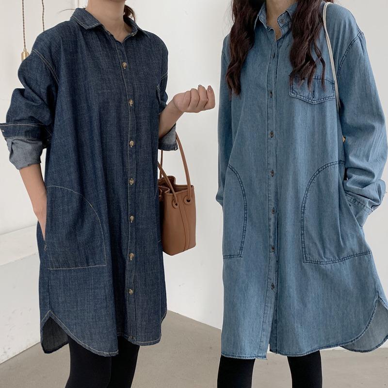 デニムシャツ レディース ロング丈 ワンピース マタニティ 体型カバー 着痩せ トップス ゆったり カジュアル 大きめ フリーサイズ 高級感