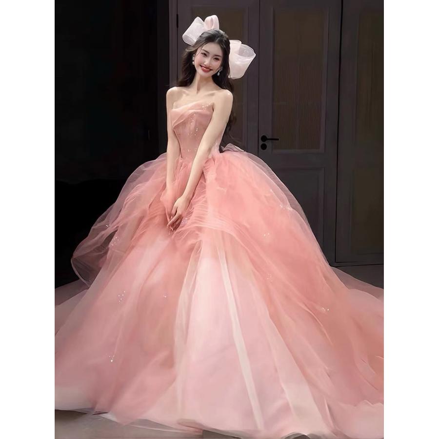 カラードレス ピンク ウェディングドレス 花嫁 ロング丈 ビスチェタイプ プリンセス風 大人可愛い パーティードレス 結婚式 披露宴 二次会 演奏会 前撮り 撮影用_1