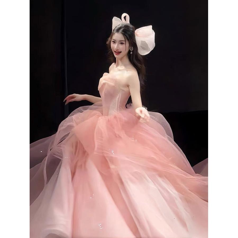 カラードレス ピンク ウェディングドレス 花嫁 ロング丈 ビスチェタイプ プリンセス風 大人可愛い パーティードレス 結婚式 披露宴 二次会 演奏会 前撮り 撮影用_3