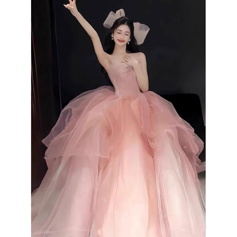 カラードレス ピンク ウェディングドレス 花嫁 ロング丈 ビスチェタイプ プリンセス風 大人可愛い パーティードレス 結婚式 披露宴 二次会 演奏会 前撮り 撮影用_4