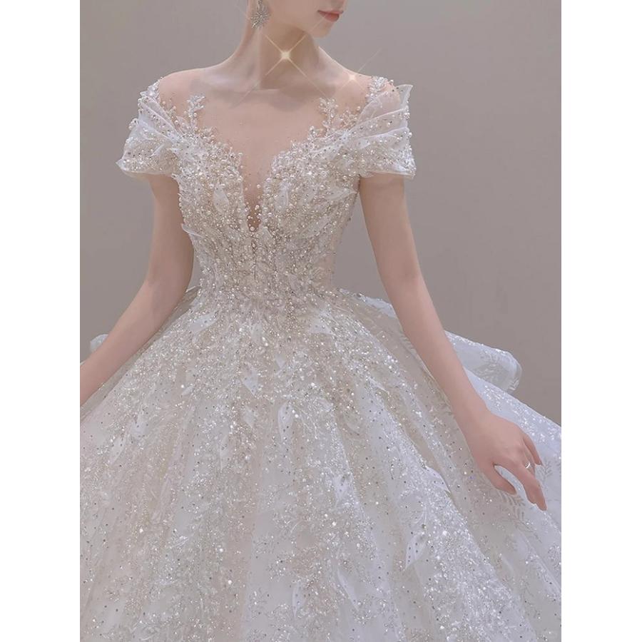 ウェディングドレス 豪華 スパンコール ビジュー 花嫁ドレス ロングトレーン オフショルダー Aライン 結婚式 披露宴 プリンセスドレス S-4L_2