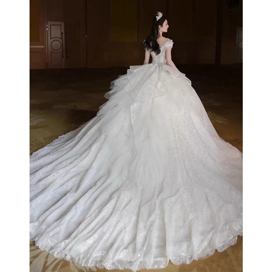 ウェディングドレス 豪華 スパンコール ビジュー 花嫁ドレス ロングトレーン オフショルダー Aライン 結婚式 披露宴 プリンセスドレス S-4L_4