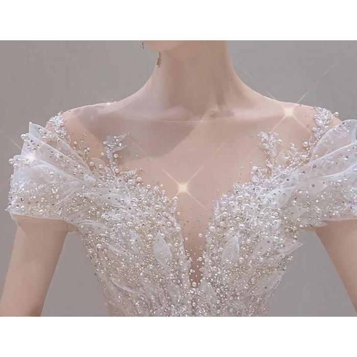 ウェディングドレス 豪華 スパンコール ビジュー 花嫁ドレス ロングトレーン オフショルダー Aライン 結婚式 披露宴 プリンセスドレス S-4L_5