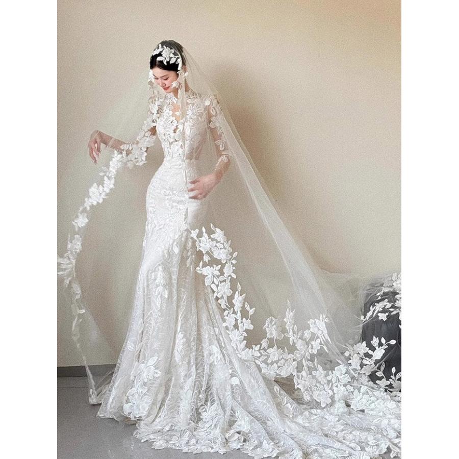 ウェディングドレス マーメイドライン レース刺繍 長袖 花嫁ドレス