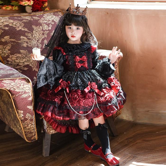 M サイズ 赤黒ゴシックロリータ上下セット おぷんリンク キッズドレス ゴシック ロリータ 上下セット 2WAY 女の子 フォーマル