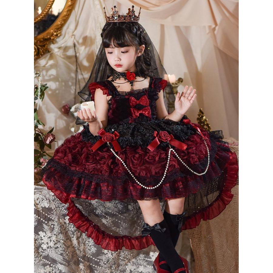 M サイズ 赤黒ゴシックロリータ上下セット おぷんリンク キッズドレス ゴシック ロリータ 上下セット 2WAY 女の子 フォーマル