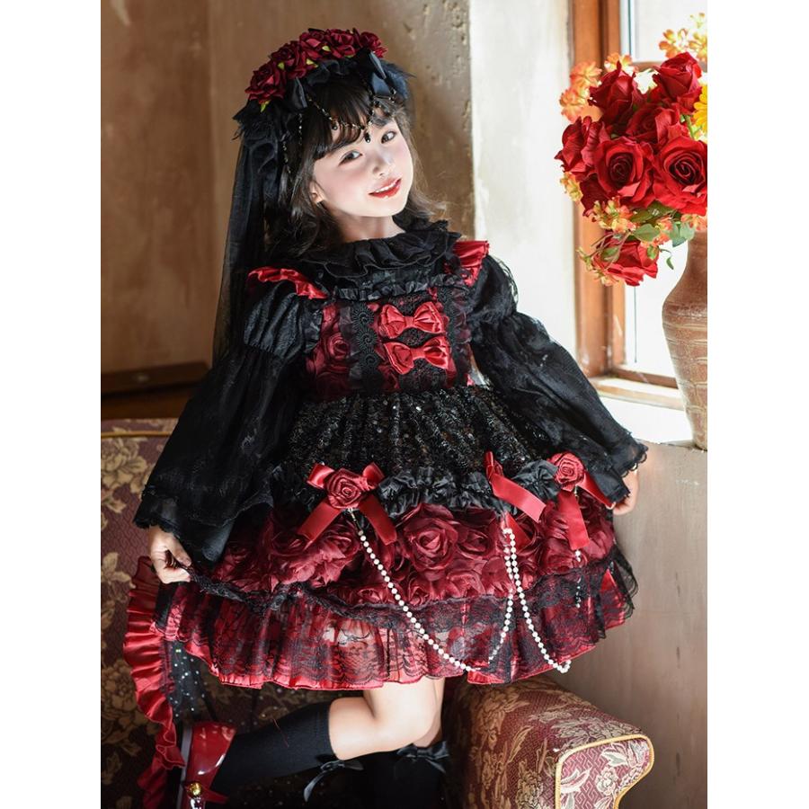 M サイズ 赤黒ゴシックロリータ上下セット おぷんリンク キッズドレス ゴシック ロリータ 上下セット 2WAY 女の子 フォーマル