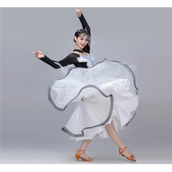 裾が特徴的な華やかスタンダードドレス✦ダンスパーティーやデモにもオススメ✨ 社交ダンスドレス 社交ダンス モダンドレス 大きいサイズ 長袖 広がる