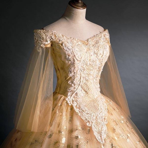 ロングドレス カラードレス 結婚式 袖あり オフショルダー 編み上げ