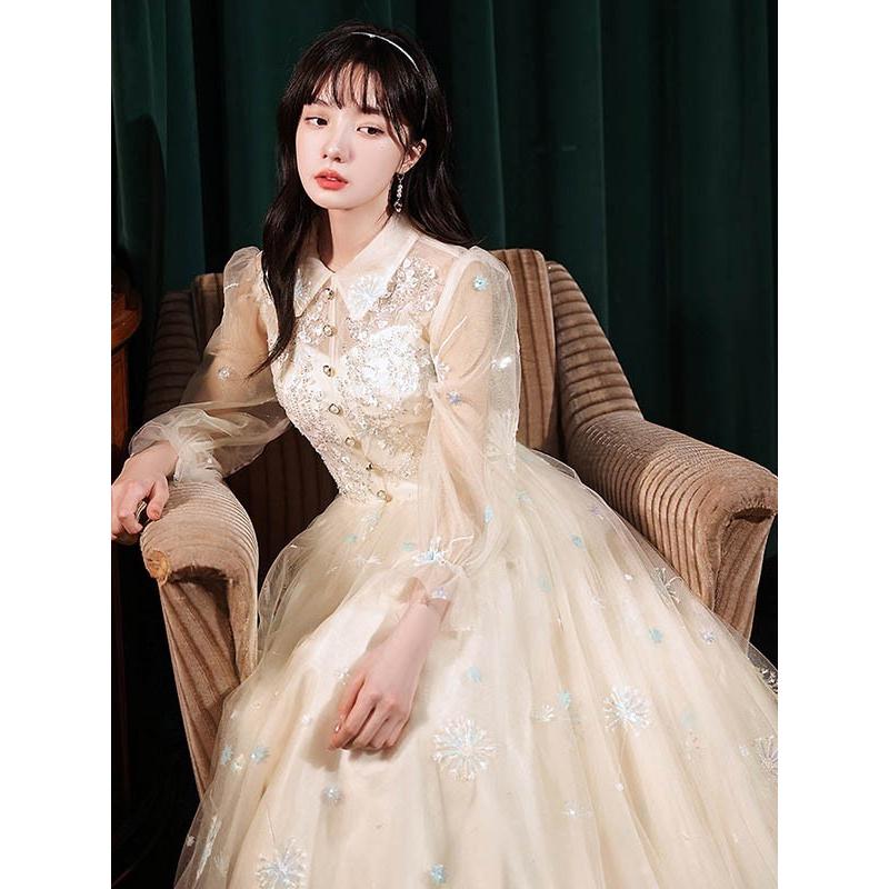 ★モネちゃん★ロングドレス 演奏会 長袖 袖付き ウエディングドレス ロングドレス演奏会母親結婚式パーティードレスロング丈 モレ丈長袖