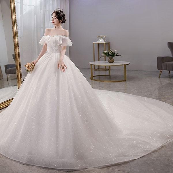 花嫁 ウェディングドレス オフショルダー プリンセスライン 白ドレス 