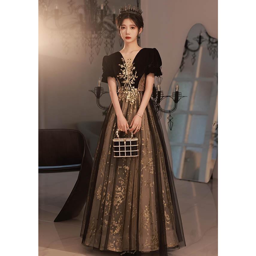 【美品】DressBlackロングドレス　シャンパンゴールド ロングドレス 大人 ピアノ 発表会 パーティードレス 黒 シャンパン