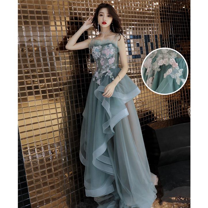 ロングドレス キャミソール ノースリーブ パーティードレス 緑 発表会