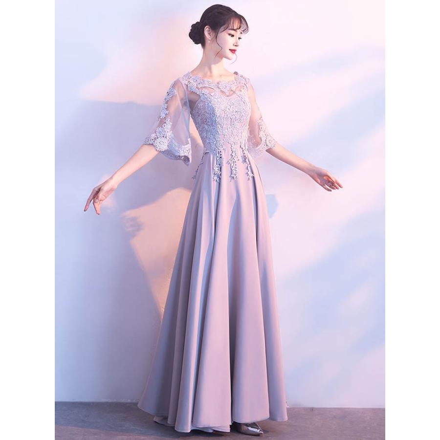 ロングドレス 演奏会 袖あり グレー ドレス 大人 ピアノ 発表会