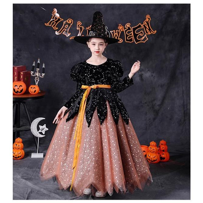コスプレ 衣装 キッズ 子供服 ハロウィン 魔女 ウィッチ 星柄 リボン 女の子 ワンピース パフスリーブ 長袖 帽子 ロング丈 レースアップ コスプレ 衣装 キッズ 子供服 ハロウィン 魔女 ウィッチ 星柄 リボン