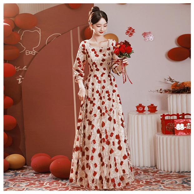 ロングドレス 演奏会 ピアノ 発表会 ツヤ感 花レース 赤 レッド 刺繍 V