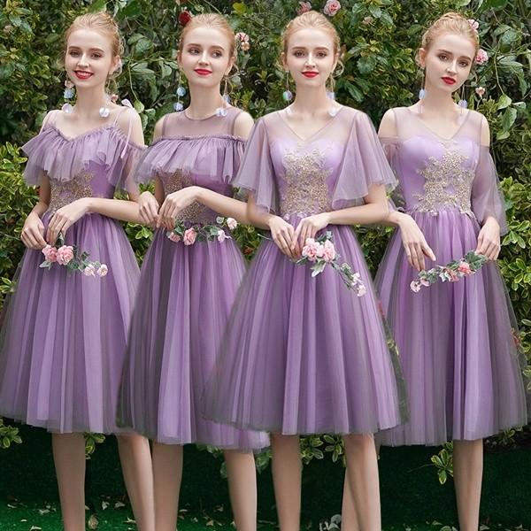 結婚式ワンピース パーティードレス ブライズメイドドレス パープル ドレス お呼ばれドレス Aラインドレス 編み上げタイプ 大人可愛い 卒業式 Da619s1 マンテンショップ 通販 Yahoo ショッピング