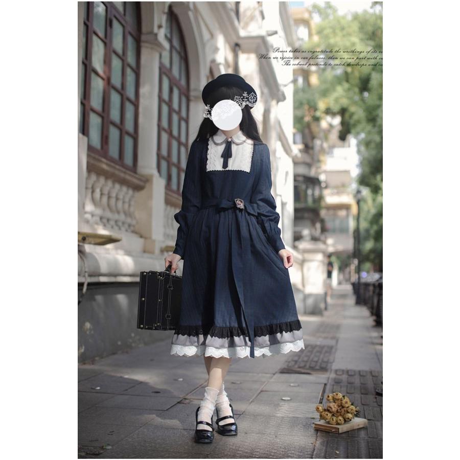 ロリータ ワンピース 冬服 レトロ風 切り替え レディース ロリータワンピース ミモレ丈 ボリューム袖 パフスリーブ 長袖 日常着 通学 通勤 パーティ イベント_1