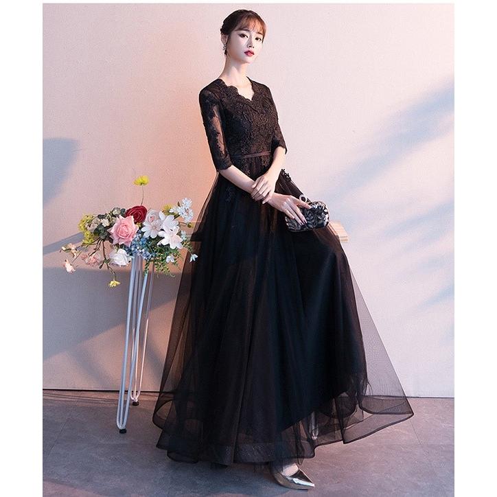 全4色 ドレス 大人 ピアノ 発表会 演奏会 ロングドレス 母親 結婚式 黒