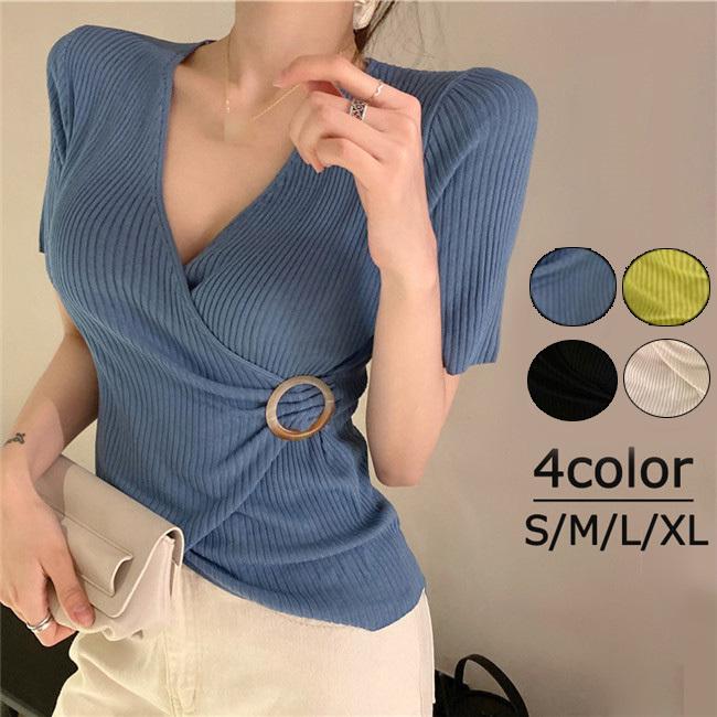 トップス レディース カシュクール リブ ピッタリ ボディライン 胸元