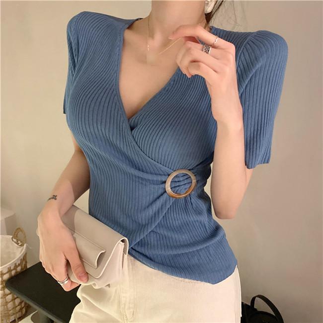 トップス レディース カシュクール リブ ピッタリ ボディライン 胸元