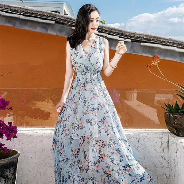 大人可愛い 夏ワンピース Vネック 花柄 ワンピース ロング丈