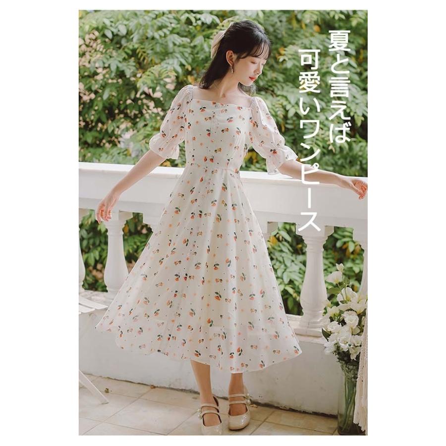 最新 Aライン 可愛い 夏ワンピ ミモレ丈 五分袖 大人可愛いスクエアネック ワンピース 花柄 きれいめ デート 旅行 リゾートワンピ ワンピース サイズ M Www We Job Com