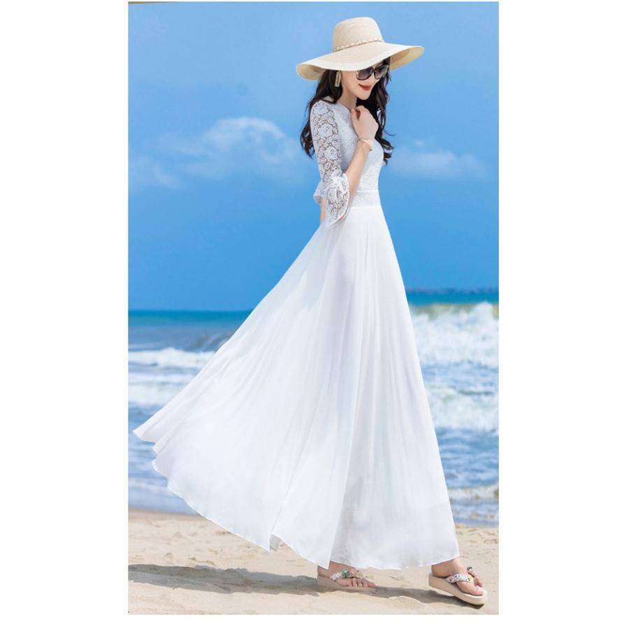 白ワンピース 大人可愛い 夏 Vネック ロング丈 レディース 夏ワンピ 