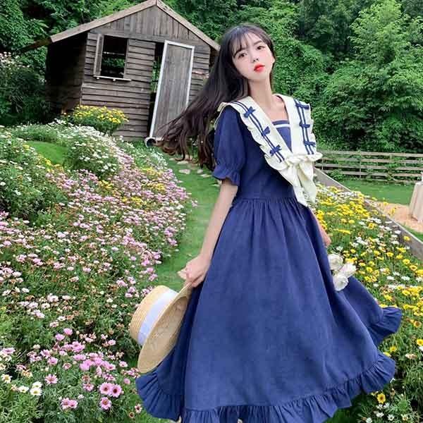 ワンピース　デザイン　服　春　夏　女性 ワンピース ビッグカラー セーラー風 胸元リボン 半袖 夏用 夏服