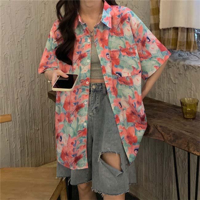 アロハシャツ シアーシャツ レディース トップス 半袖 花柄 ゆったり