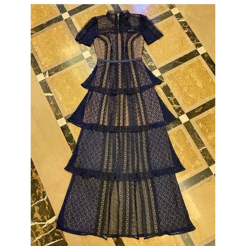 パーティードレス レース ワンピース スタンドカラー ロングドレス