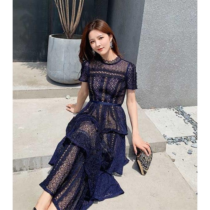 パーティードレス レース ワンピース スタンドカラー ロングドレス