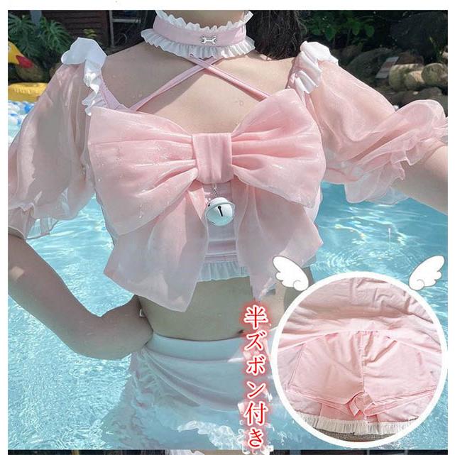 水着 レディース ロリータ風 メイド水着 リボン かわいい フリル オフ