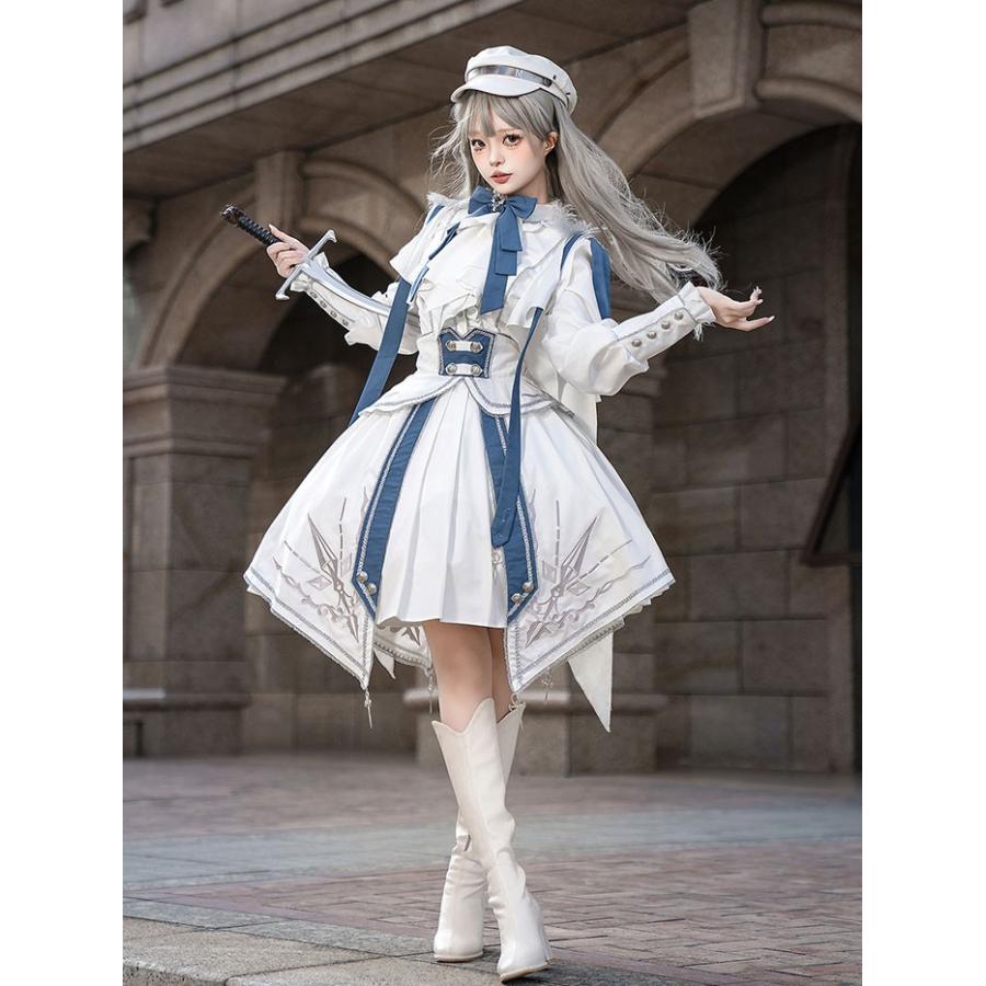 軍服ロリータ ゴスロリ フルセット 上下仕かける トップス スコート 長袖 エポレット ペリースマント 白いこと 白 青味 レディース コスプレ 出来事 翰林院祭 文物祭