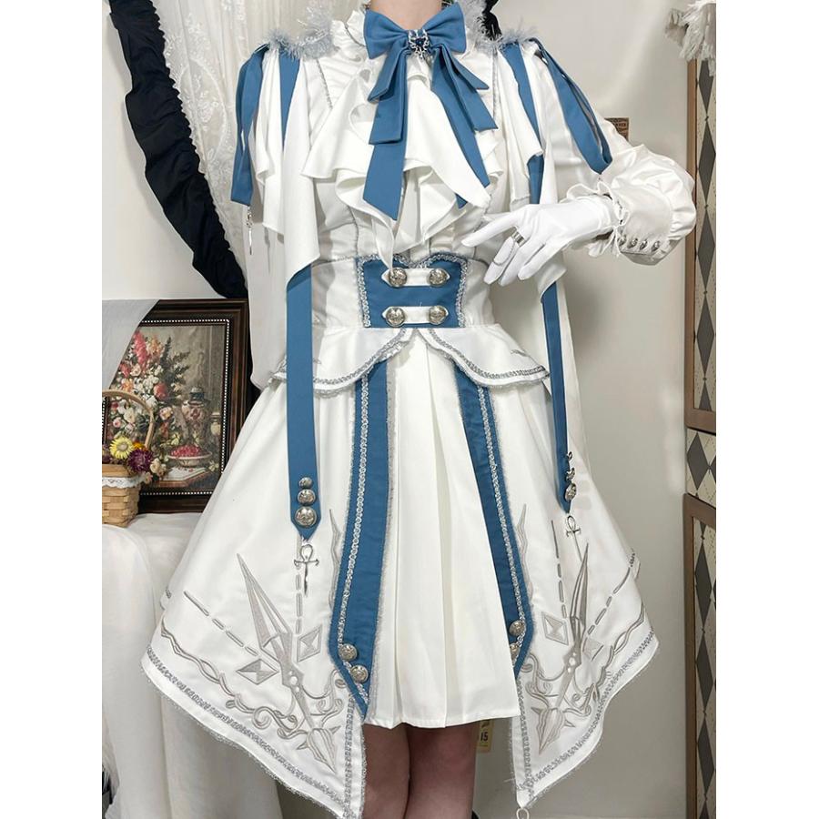 軍服ロリータ ゴスロリ フルセット 上下仕かける トップス スコート 長袖 エポレット ペリースマント 白いこと 白 青味 レディース コスプレ 出来事 翰林院祭 文物祭