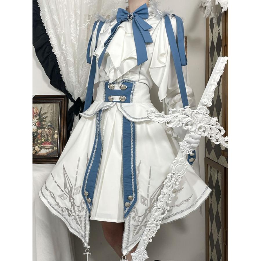 軍服ロリータ ゴスロリ フルセット 上下仕かける トップス スコート 長袖 エポレット ペリースマント 白いこと 白 青味 レディース コスプレ 出来事 翰林院祭 文物祭