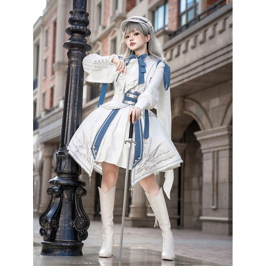軍服ロリータ ゴスロリ フルセット 上下仕かける トップス スコート 長袖 エポレット ペリースマント 白いこと 白 青味 レディース コスプレ 出来事 翰林院祭 文物祭