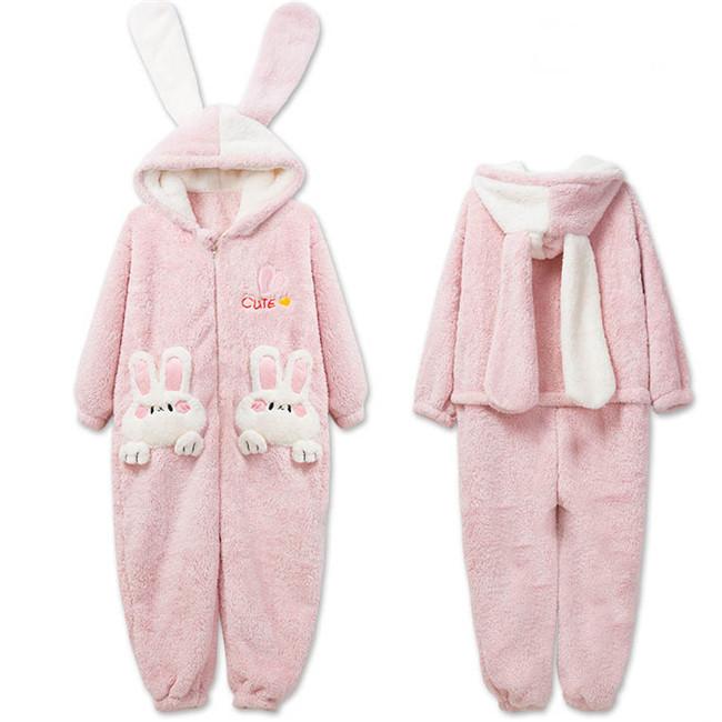 パジャマ レディース冬用長袖ルームウェア紫うさぎ耳付き兎耳