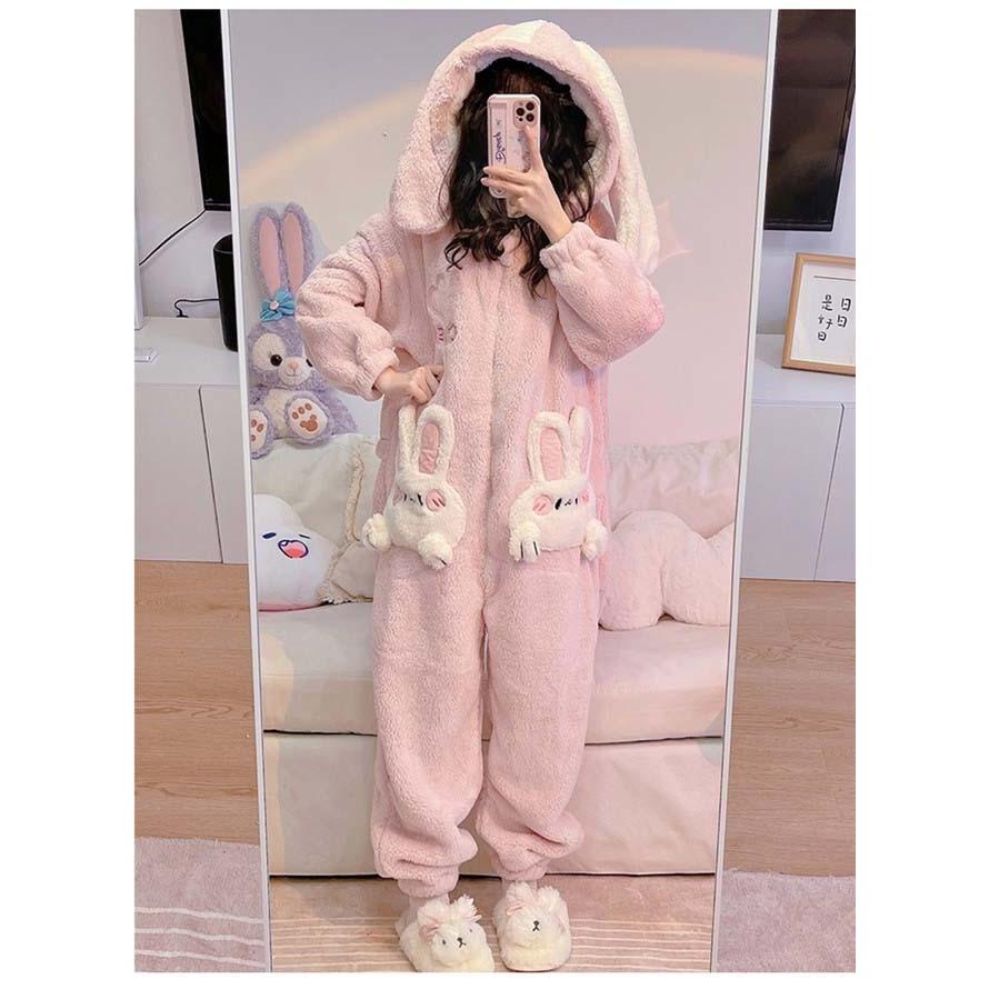 パジャマ レディース冬用長袖ルームウェア紫うさぎ耳付き兎耳