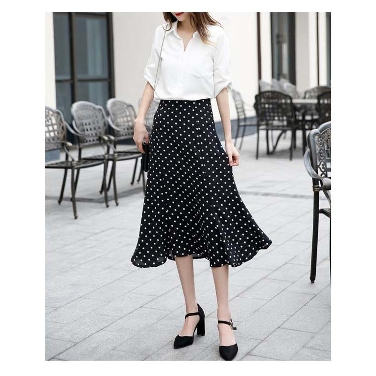 レディース 春 夏 水玉 ロングスカート ロング丈 ブラック ドット柄  