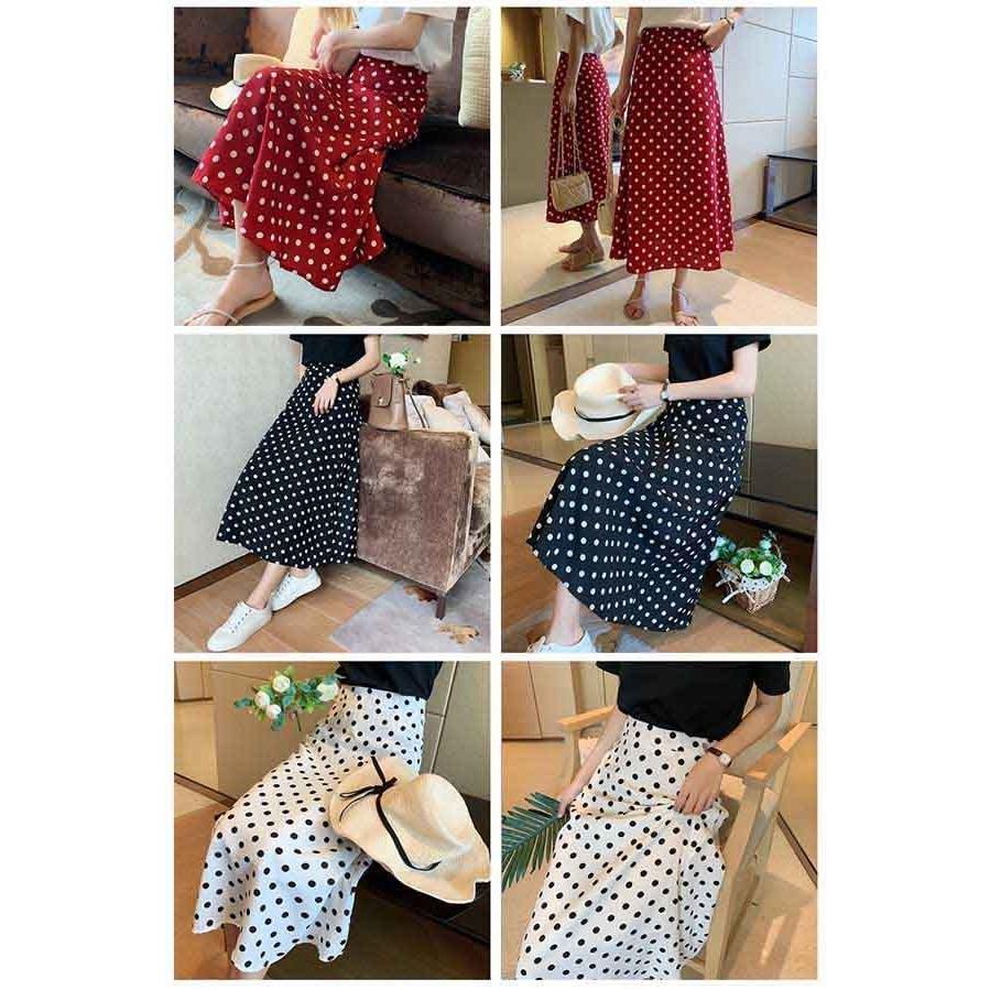 レディース 春 夏 水玉 ロングスカート ロング丈 ブラック ドット柄
