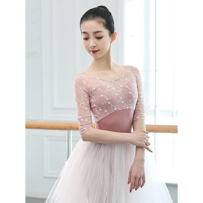 バレエ レオタード 長袖 オープンバッグ レース 刺繍 透け感 大人