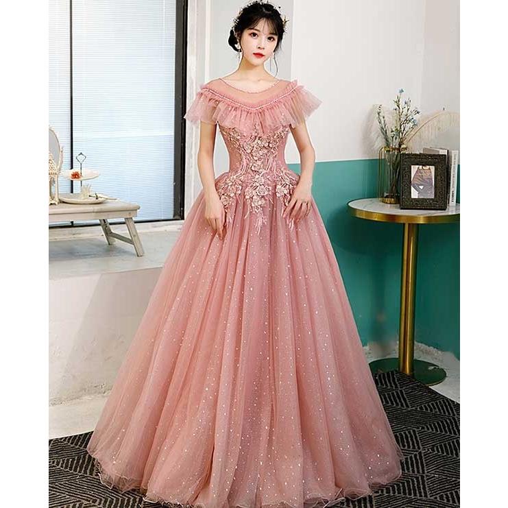 カラードレス ロングドレス 袖あり ピンク ウェディングドレス ロング 