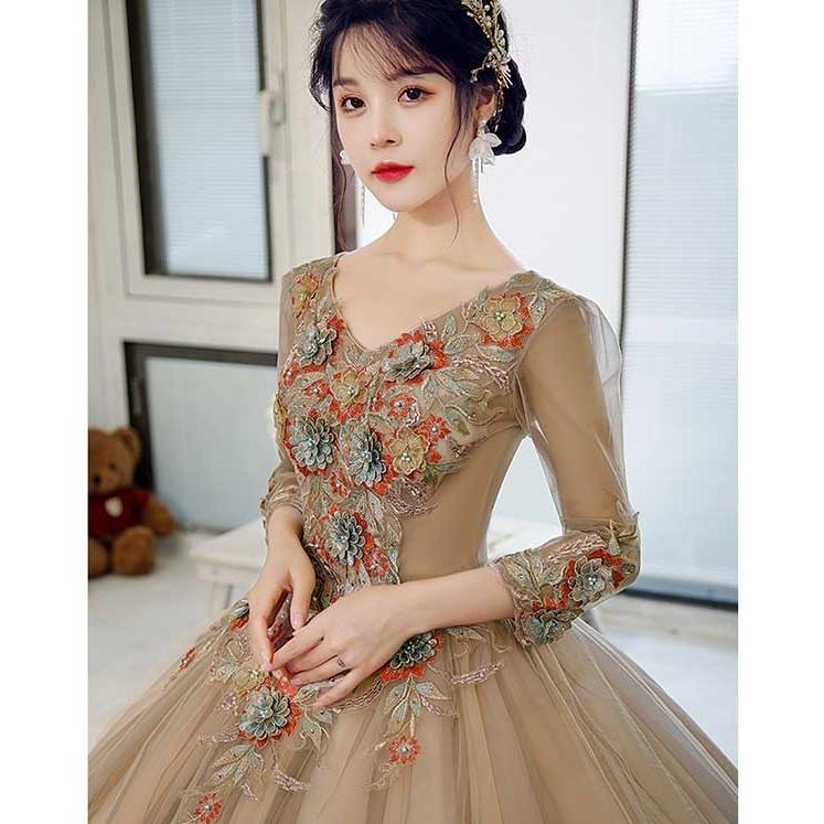 カラードレス ロングドレス 袖あり ウェディングドレス ロング丈