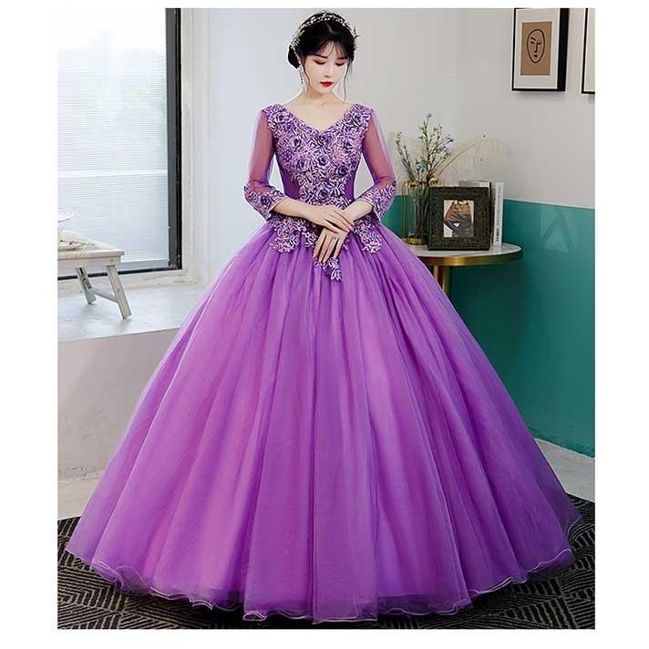 カラードレス ロングドレス 袖あり パープル 紫 ウェディングドレス
