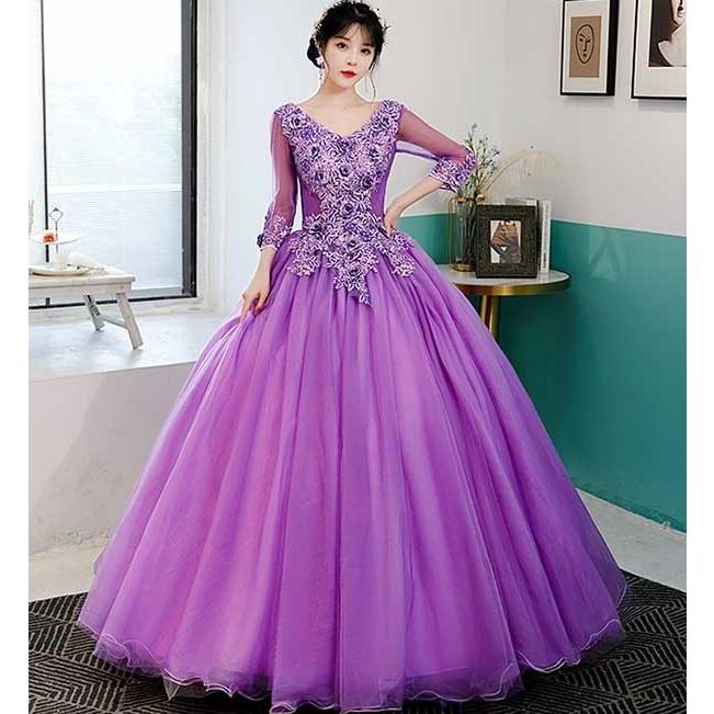 カラードレス ロングドレス 袖あり パープル 紫 ウェディングドレス